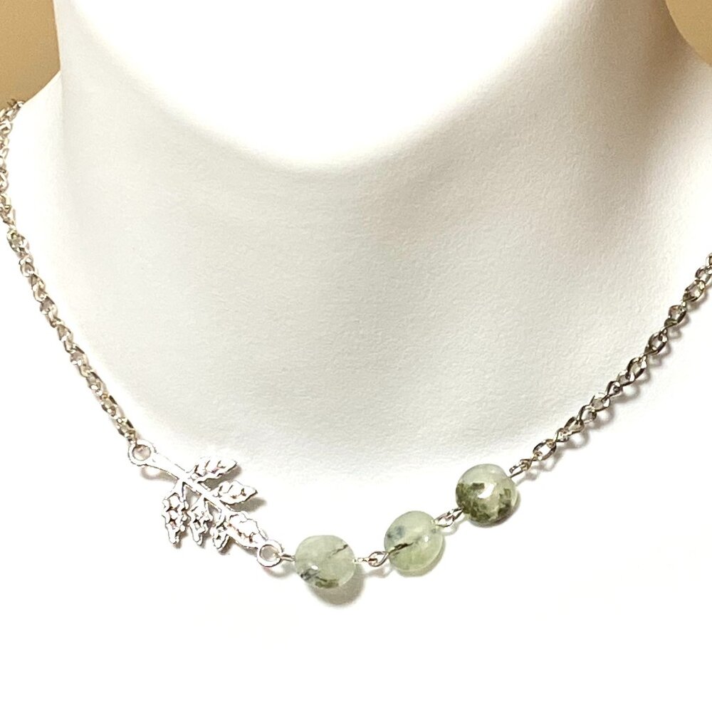 2/$20, Natural Pale Green Prehnite Necklace, Genuine Gemstone + Tree Branch Leaf
